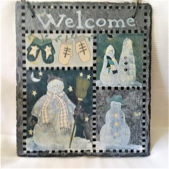 Natural Stone Hand Painted WELCOME Sign Plaque Winter Snowman Slate Door Home - Picture 1 of 7